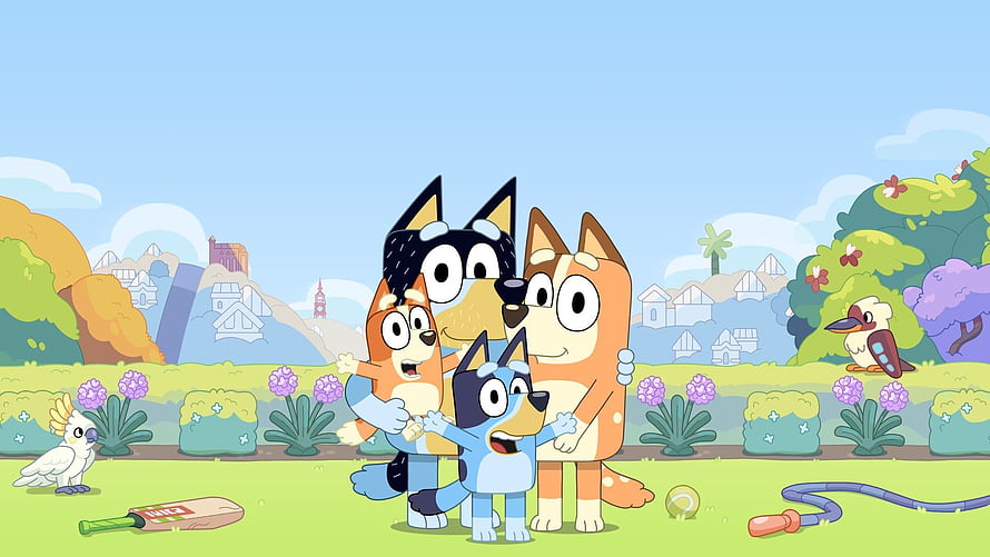 Bluey and Bingo Heeler Family Group Hug in Colorful Garden HD wallpaper