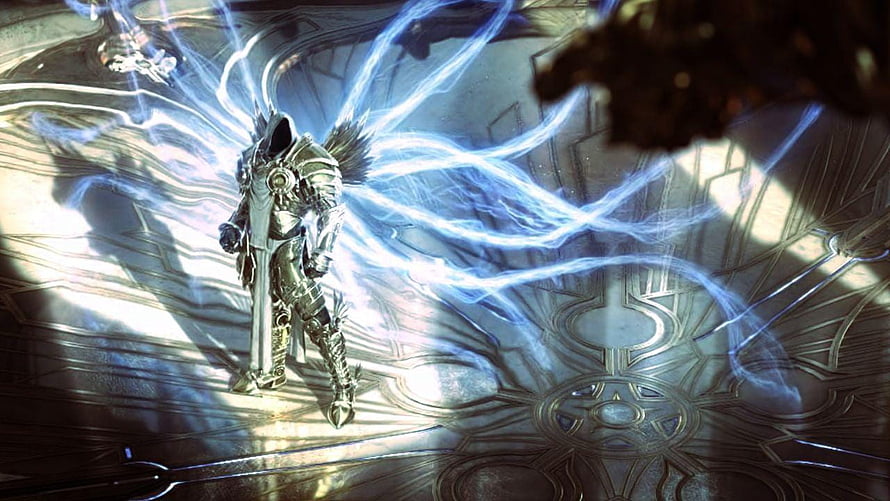 Tyrael from Diablo 3 standing in radiant blue energy within a grand ornate cathedral HD wallpaper