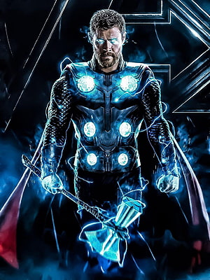 Thor wielding Stormbreaker with glowing cosmic armor and electric blue energy effects HD phone wallpaper