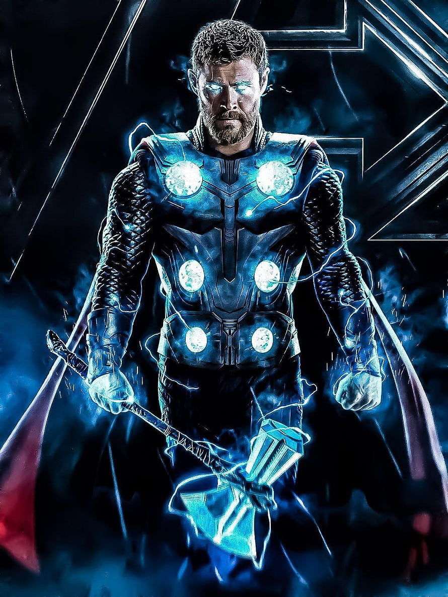 Thor wielding Stormbreaker with glowing cosmic armor and electric blue energy effects HD phone wallpaper