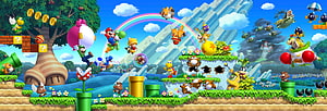 New Super Mario Bros U Cast of Characters and Kooopalings in Vibrant Side-Scrolling Level HD wallpaper