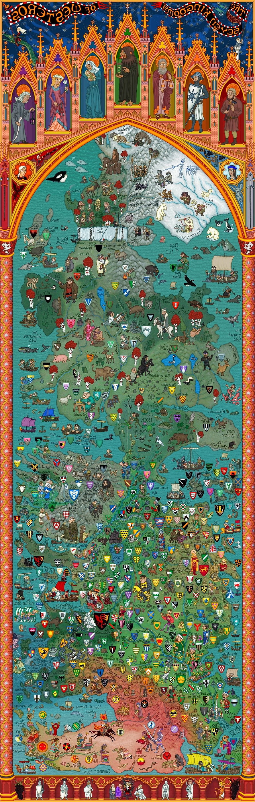 Game of Thrones Westeros Map Tapestry Illustration with Medieval Heraldry and Characters HD phone wallpaper