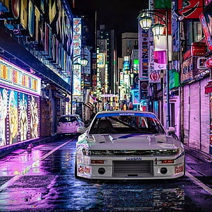 White Nissan Skyline R32 JDM Drift Car in Neon Tokyo Street at Night HD phone wallpaper