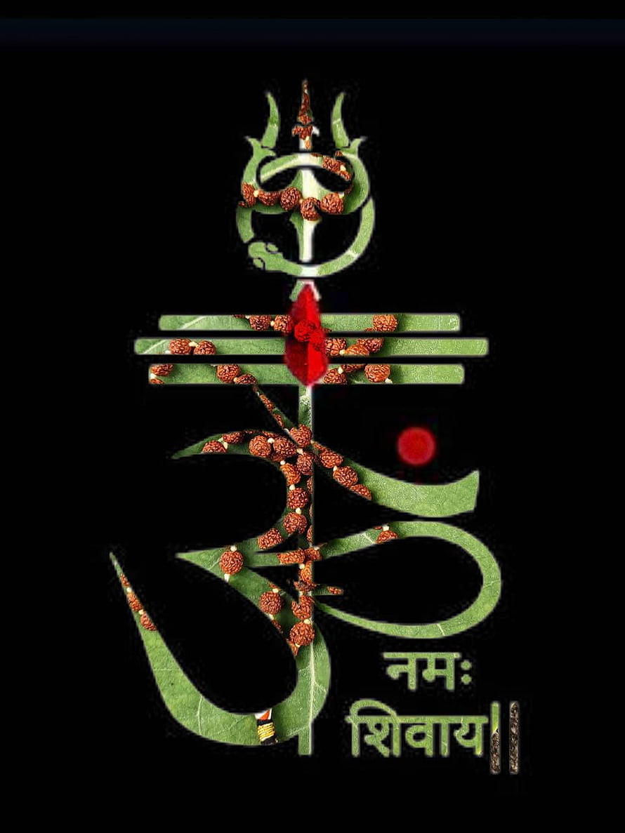 Mahadev Amoled with Rudraksha Beads and Green Leaf Design on Black Background HD phone wallpaper