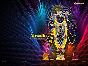 Shrinathji Natwara Divine Idol with Vibrant Light Rays and Traditional Offerings HD wallpaper