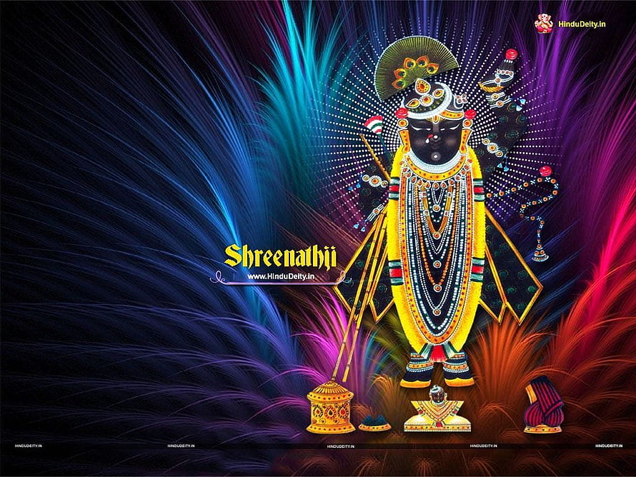 Shrinathji Natwara Divine Idol with Vibrant Light Rays and Traditional Offerings HD wallpaper