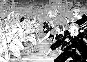 Tokyo Revengers Manga Panel: Intense Street Brawl Between Rival Gangs in Black and White HD wallpaper