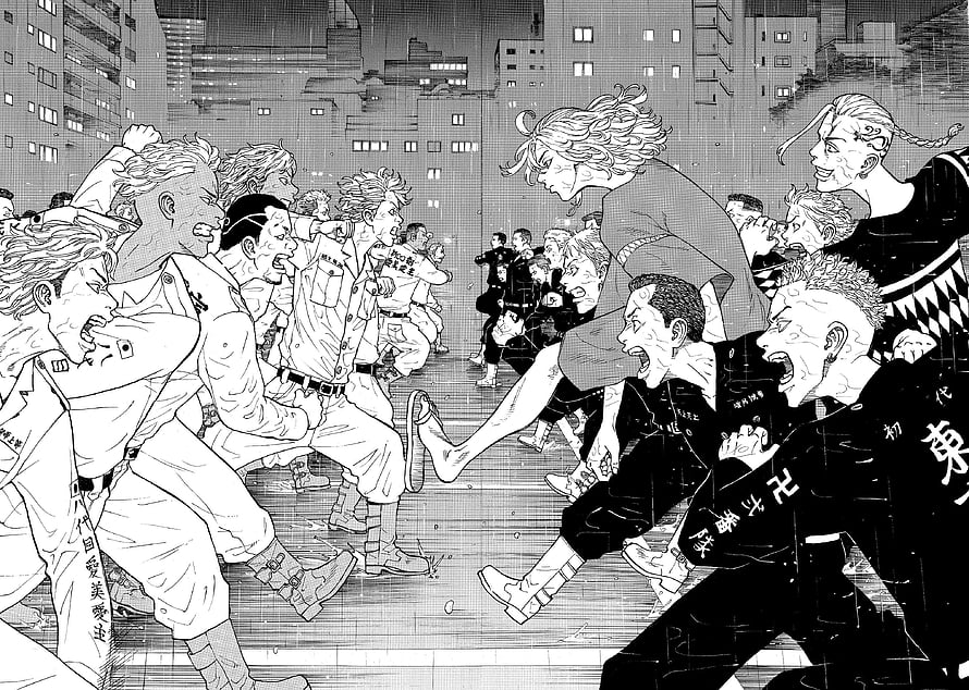 Tokyo Revengers Manga Panel: Intense Street Brawl Between Rival Gangs in Black and White HD wallpaper