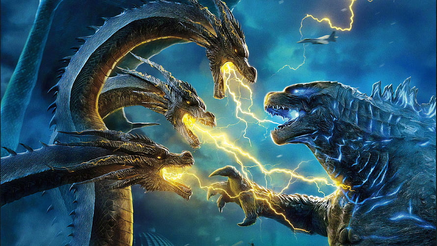 Godzilla Confronts King Ghidorah in Epic Monster Battle with Lightning Storm HD wallpaper