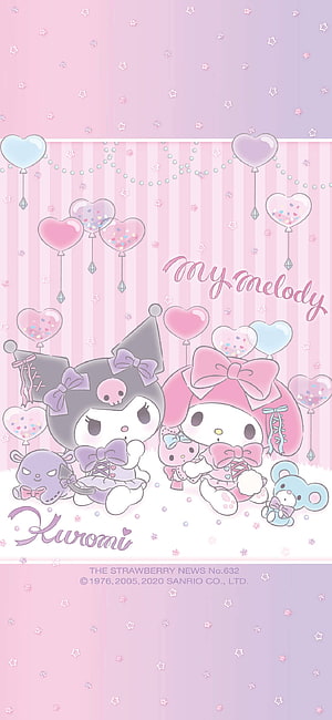 Sanrio Kuromi and My Melody in pastel party hats with heart balloons and stars HD phone wallpaper