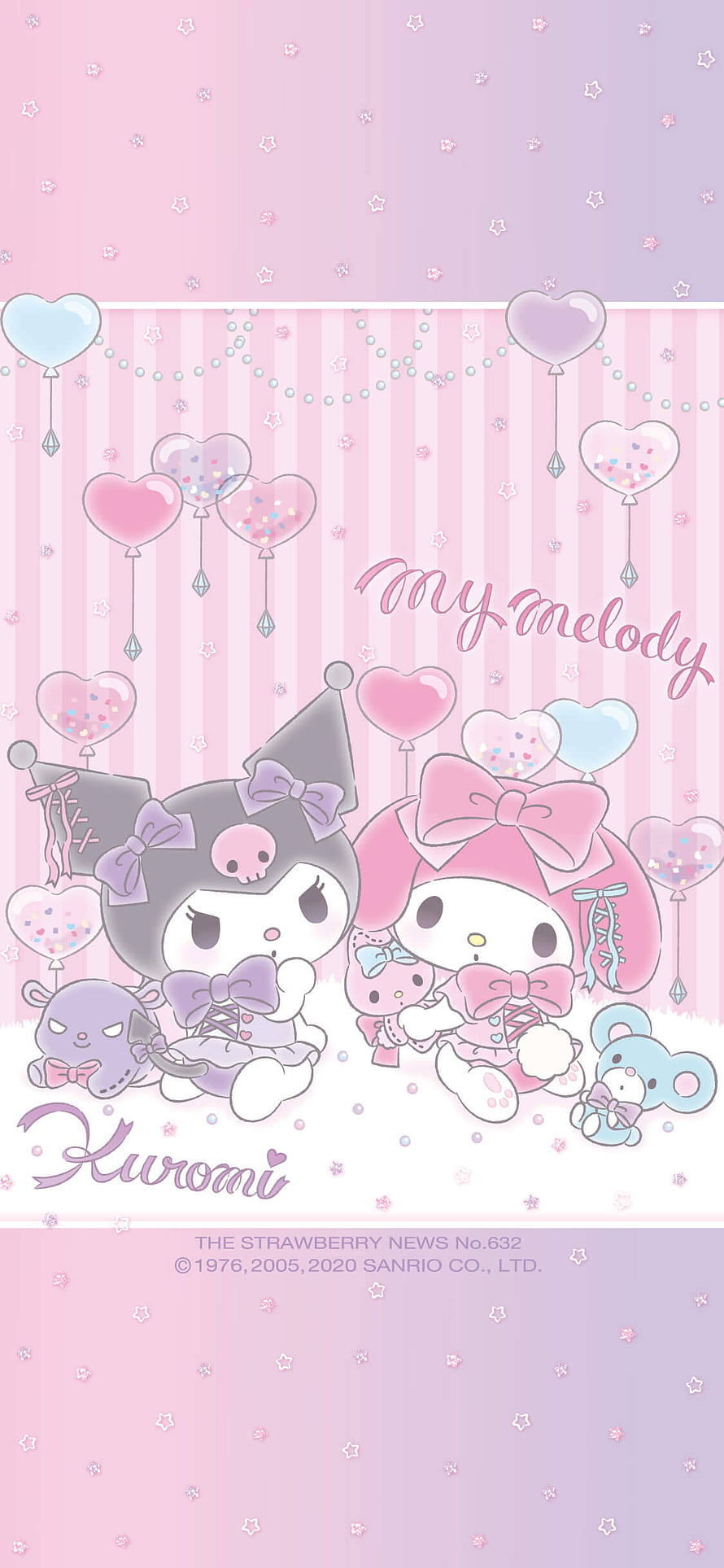 Sanrio Kuromi and My Melody in pastel party hats with heart balloons and stars HD phone wallpaper
