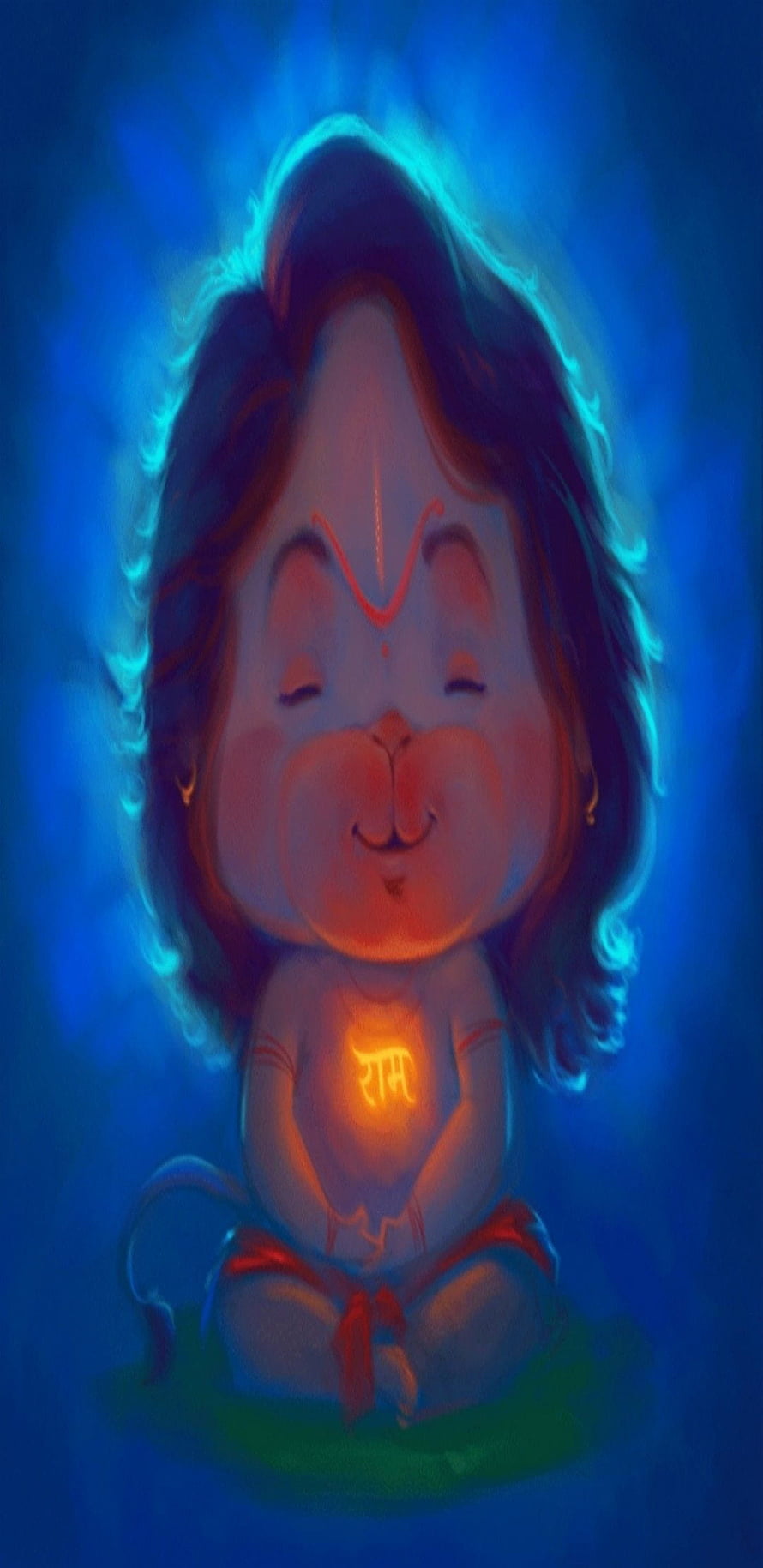 Cute Hanuman Ji Digital Art with Glowing Om Symbol and Blue Aura HD phone wallpaper