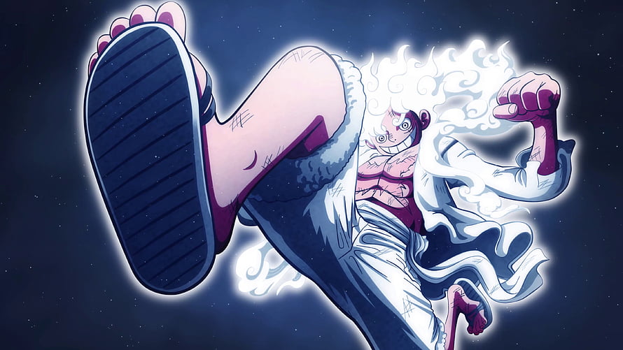 Luffy Gear 5 Anime Action Pose With White Hair And Glowing Aura HD wallpaper