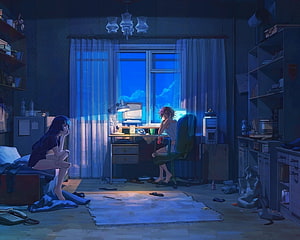 Two Anime Girls in a Dimly Lit Bedroom at Night with Blue Window Light HD wallpaper