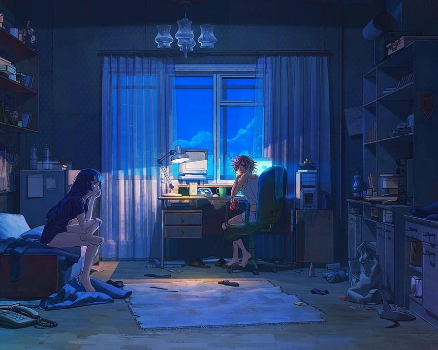 Two Anime Girls in a Dimly Lit Bedroom at Night with Blue Window Light HD wallpaper