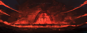 Attack on Titan The Rumbling Fan Art with Colossal Titan Silhouette and Red Sky HD wallpaper