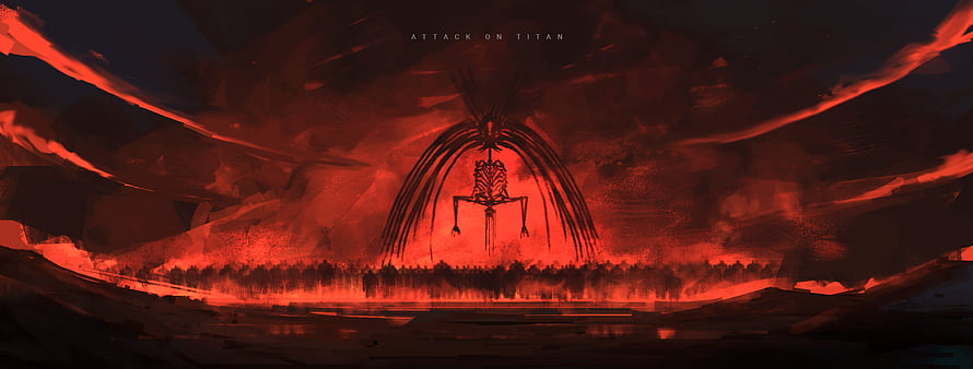 Attack on Titan The Rumbling Fan Art with Colossal Titan Silhouette and Red Sky HD wallpaper