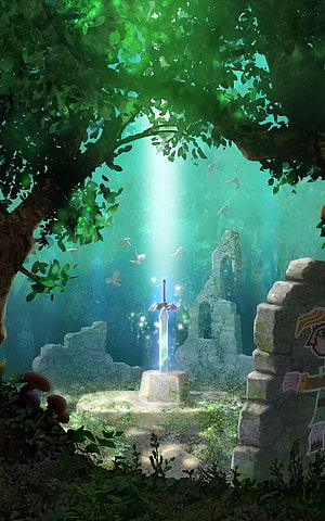 Glowing Master Sword in Ancient Ruins with Forest Canopy and Divine Light Beam HD phone wallpaper