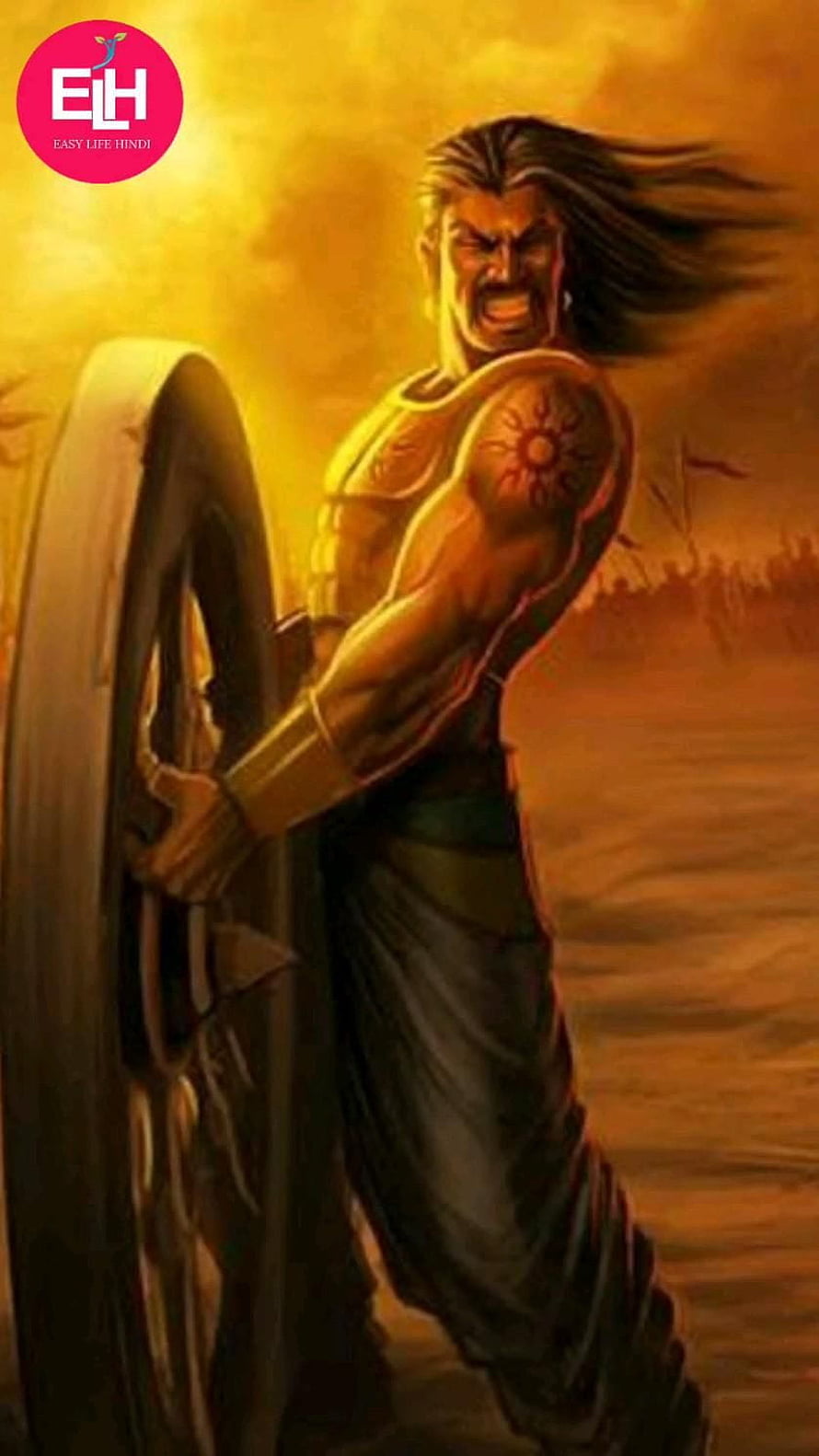 Lord Karna in Battle: Mythological Warrior with Shield and Sun Tattoo HD phone wallpaper