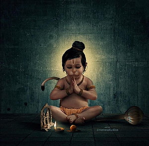 Baby Hanuman in Meditation with Gada and Diya Against Textured Dark Background HD wallpaper