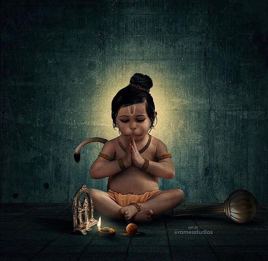 Baby Hanuman in Meditation with Gada and Diya Against Textured Dark Background HD wallpaper