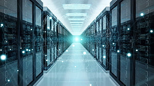 Futuristic Data Center Aisle with Glowing Server Racks and Digital Network Overlay HD wallpaper
