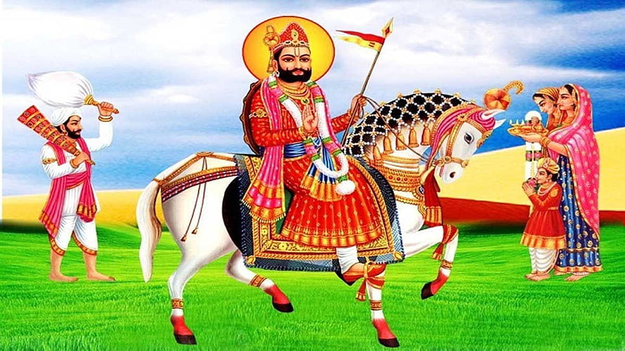 Ramdevji on White Horse with Attendants in Traditional Indian Illustration HD wallpaper