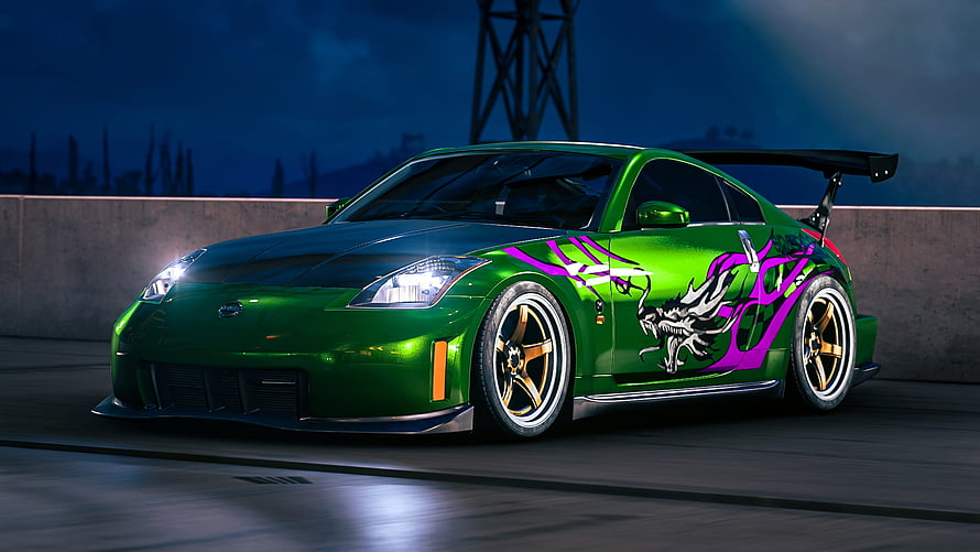Nissan 350Z Green Dragon Livery Night Street Scene HD wallpaper