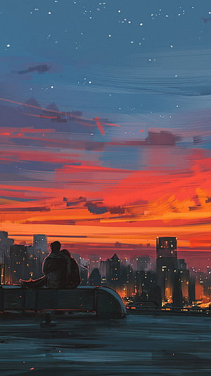 Silhouetted Couple Watching a Vibrant Orange Sunset Over a City Skyline HD phone wallpaper