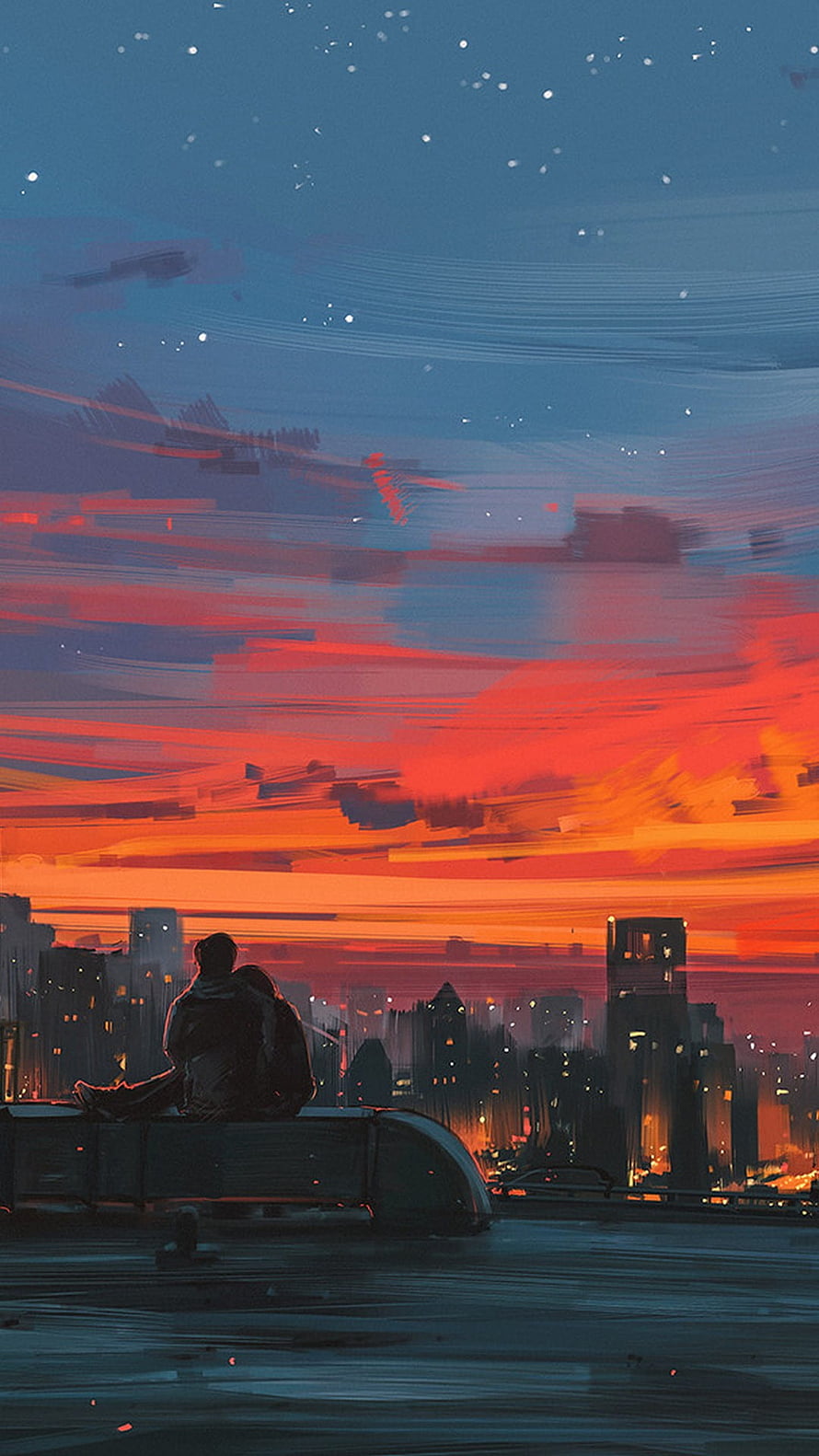 Silhouetted Couple Watching a Vibrant Orange Sunset Over a City Skyline HD phone wallpaper