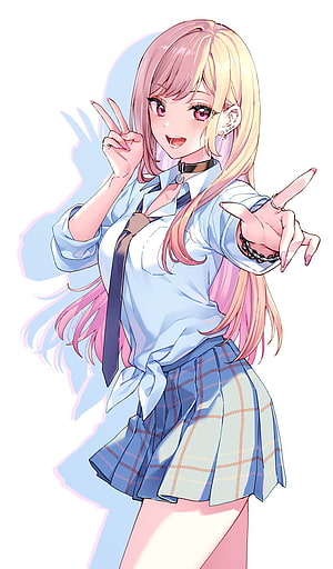 Marin Kitagawa Anime Girl in School Uniform with Peace Sign HD phone wallpaper