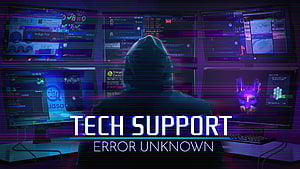 Tech Support Error Unknown Cybersecurity Hacker Hooded Figure Neon Digital Interface HD wallpaper