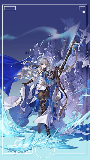 Honkai Star Rail Silver-Haired Female Character with Ice Crystal Spear and Blue Cape HD phone wallpaper
