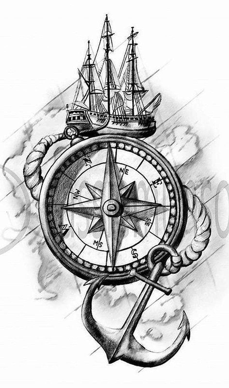 Nautical Compass, Ship, and Anchor Tattoo Design with Rope and Map Background HD phone wallpaper