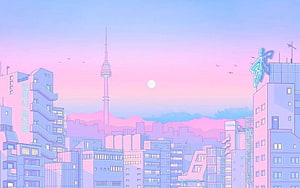 Pastel Retro Anime Cityscape with Seoul Tower and Neon Signage at Dusk HD wallpaper