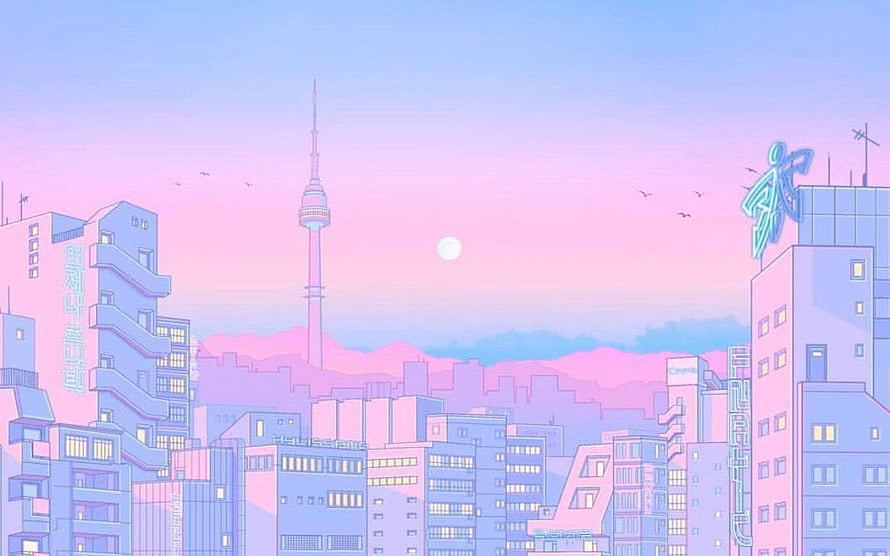 Pastel Retro Anime Cityscape with Seoul Tower and Neon Signage at Dusk HD wallpaper