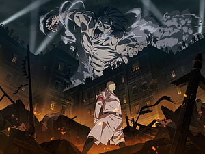 Attack on Titan Season 4: Colossal Titan Confronts Soldier in Ruined City HD wallpaper