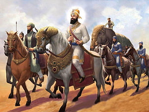 Guru Gobind Singh on White Horse with Cavalry and War Elephant in Desert HD wallpaper