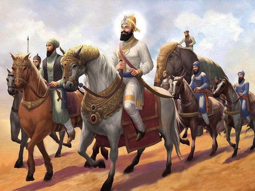 Guru Gobind Singh on White Horse with Cavalry and War Elephant in Desert HD wallpaper