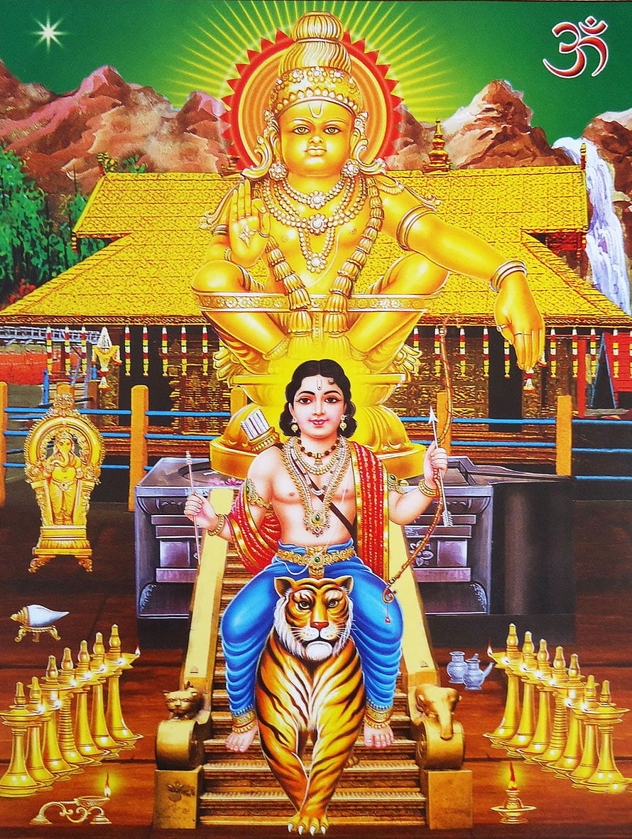 Ayyappa Swamy Seated on Tiger with Shiva Statue in Temple Setting HD phone wallpaper