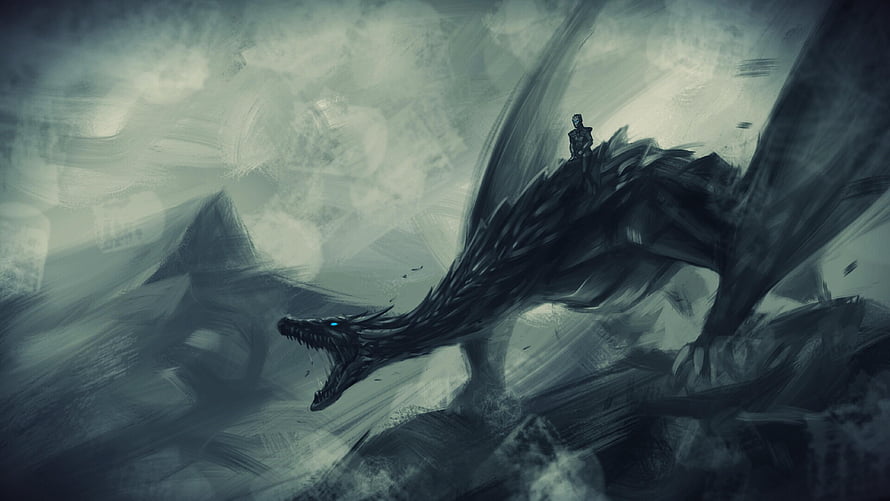 Dark Dragon Rider Soaring Through Stormy Skies in Game of Thrones Fantasy Art HD wallpaper