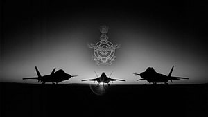 Indian Air Force Emblem With Silhouetted Fighter Jets On Runway At Dusk HD wallpaper