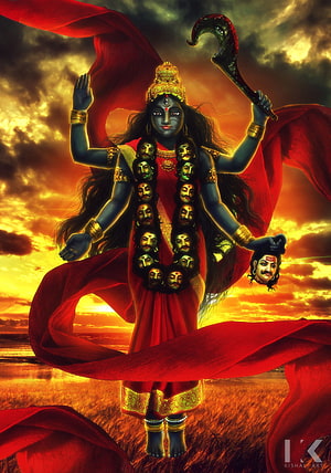 Maa Kali Divine Artwork with Garland of Heads and Red Saree Against Dramatic Sunset Sky HD phone wallpaper