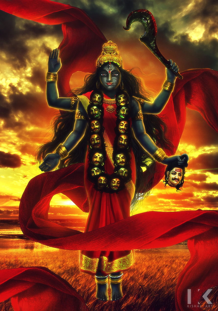 Maa Kali Divine Artwork with Garland of Heads and Red Saree Against Dramatic Sunset Sky HD phone wallpaper
