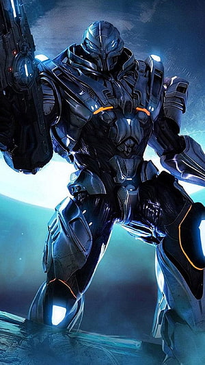 Futuristic Armored Warrior in Dark Exosuit with Glowing Orange Accents and Heavy Weapon HD phone wallpaper