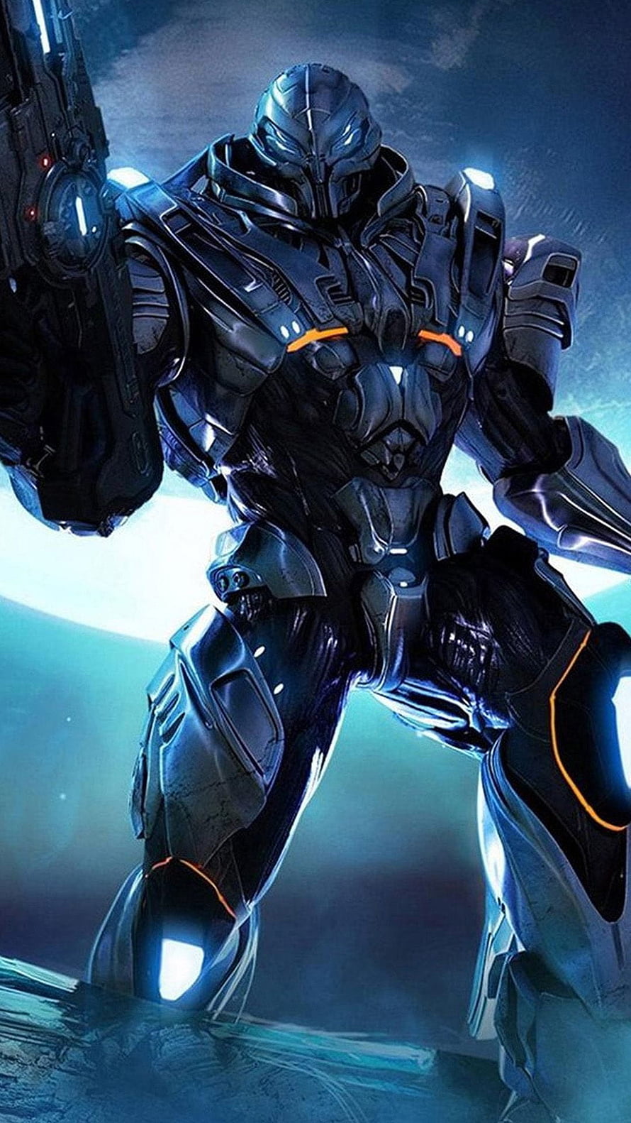 Futuristic Armored Warrior in Dark Exosuit with Glowing Orange Accents and Heavy Weapon HD phone wallpaper