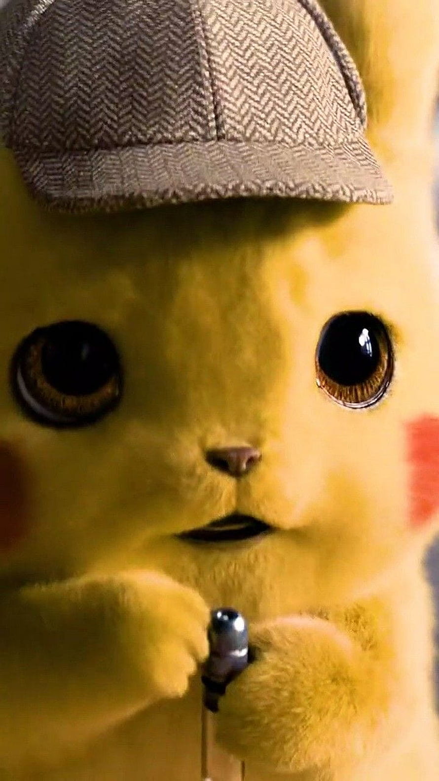 Detective Pikachu Close-Up Portrait Wearing Herringbone Cap and Holding Magnifying Glass HD phone wallpaper