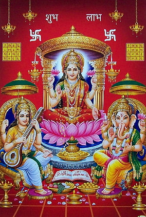 Lakshmi, Ganesha, and Saraswati Triad on Lotus Throne with Vedic Numerology Grids HD phone wallpaper