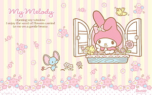 My Melody Peeking From a Flower-Filled Window Box with Friends in a Pastel Spring Scene HD wallpaper