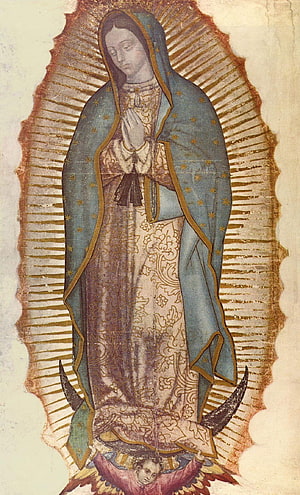 Virgin of Guadalupe Religious Icon with Blue Mantle and Golden Halo HD phone wallpaper